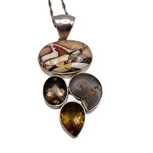 Arya Sterling Silver Mosaic Ammonite Fossil Quartz Citrine Pendant Necklace